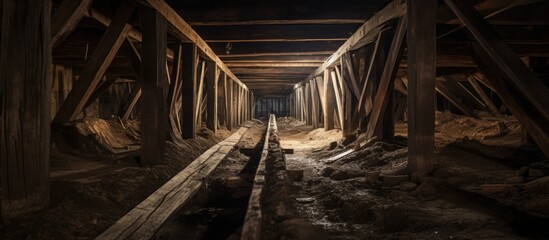 A building made of dark wood has a tunnel inside with a light at the end. The parallel tracks of...