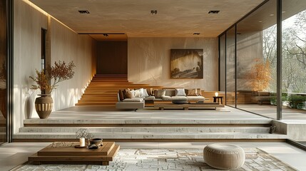 Minimal modern home, living room and dining room design, dining area on bright interior background, 3d render