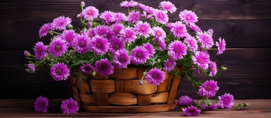 A flower arrangement of purple houseplants sits in a flowerpot on a wooden table