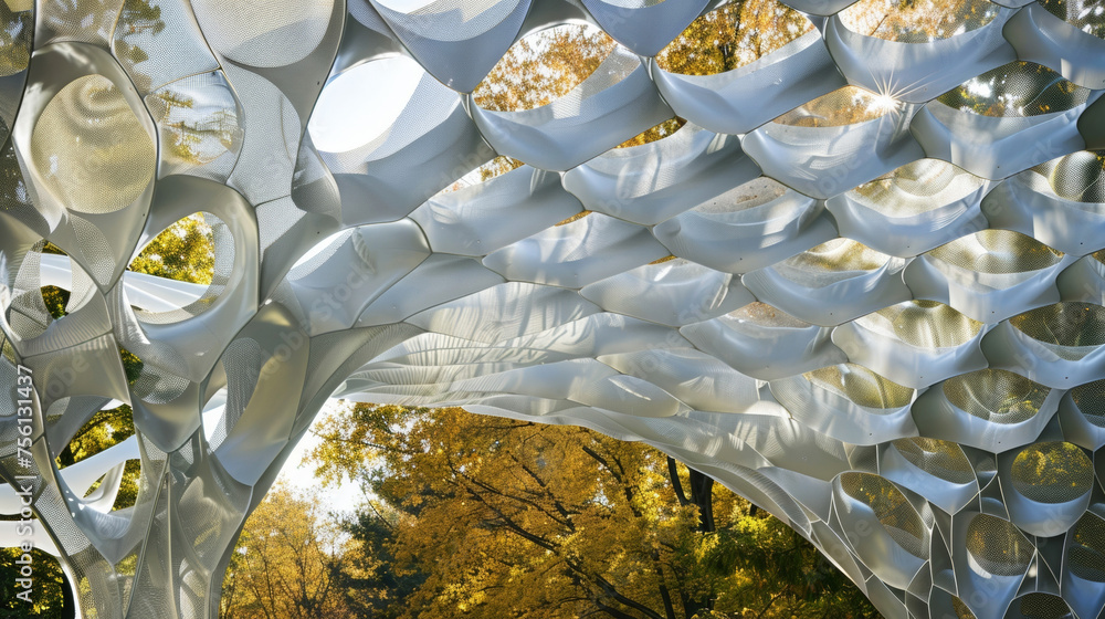 Poster a detailed shot of a pavilion with a lightweight canopy made of adaptive material that mimics the mo