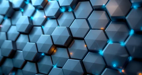 Fotobehang A close up of a hexagon mesh wall with electric blue lights emanating from each hexagon. The pattern creates a symmetrical art piece with azure tints and shades © Oleksandra