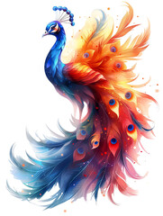 A peacock with its wings spread open against a plain white background. The wings are a vibrant colors isolated PNG - obrazy, fototapety, plakaty