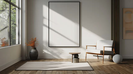 empty frame on the wall for poster mockup, blank frame for mockup with sunlight and shadows 
