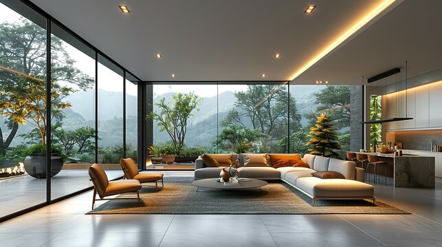 Minimal modern home, living room and dining room design, dining area on bright interior background, 3d render