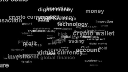 Digital money crypto currency texts on black background for crypto coin, altcoin, and crypto exchange enthusiasts