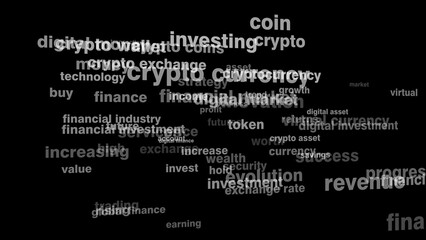 Crypto exchange texts on black background about digital money, altcoin, and virtual crypto currency market