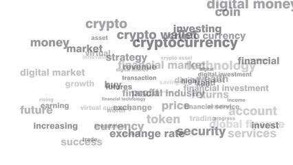 Cryptocurrency texts on white background showcase future of digital finance and financial investment