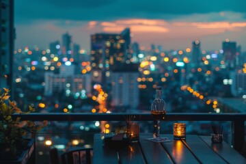 A luxurious evening at a rooftop bar Skyline view with twinkling city lights