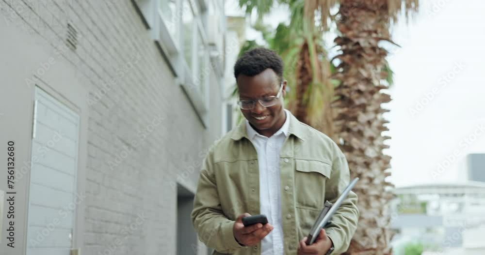 Poster Phone, text and black man in a city with networking from morning commute with social media. Urban, street and male professional with tech and scroll on website with travel on a sidewalk and app