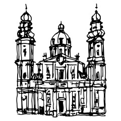 The Theatine Church of St. Cajetan and Adelaide. Theatinerkirche St. Kajetan und Adelheid. Catholic church in Munich, Germany. Hand drawn linear doodle rough sketch. Black and white silhouette.