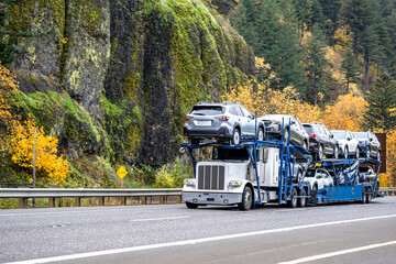 Commercial white big rig car hauler semi truck transporting cars on modular two level semi trailer driving on the autumn highway road in Columbia Gorge area