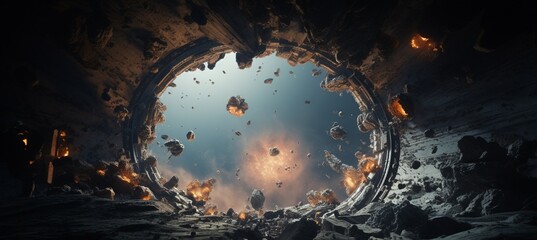 A hole in a spaceship hull revealing a scene of astronauts floating in zero gravity - obrazy, fototapety, plakaty