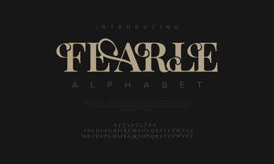 Fearle premium luxury elegant alphabet letters and numbers. Vintage wedding typography classic serif font decorative vintage retro. Creative vector illustration