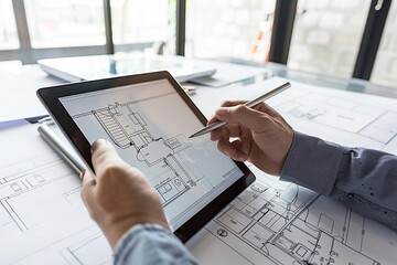Architect reviewing blueprints with a digital tablet in hand - obrazy, fototapety, plakaty