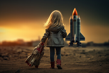 childhood dreams with rocket ship - obrazy, fototapety, plakaty