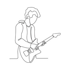 One continuous line drawing of the people playing guitar vector illustration. Guitarist illustration in simple linear style vector concept. Guitar Player design is suitable for your asset design.