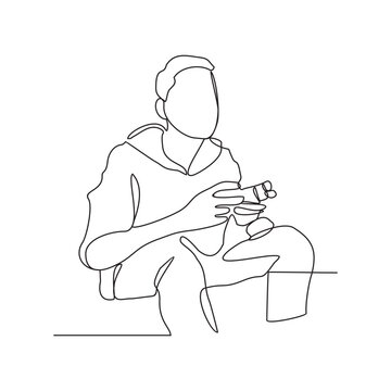 One continuous line drawing of the people are playing soccer video games in a room of house vector illustration. playing video games activity illustration in simple linear style vector design concept.
