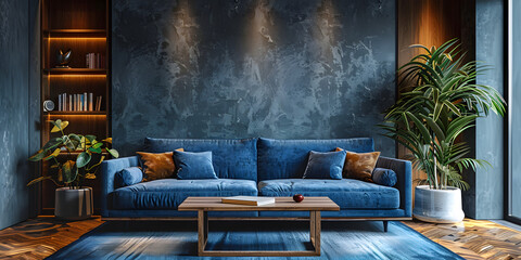 Beautiful modern minimalist interior with plaster texture panels on the walls. Living room with a dark blue sofa.
