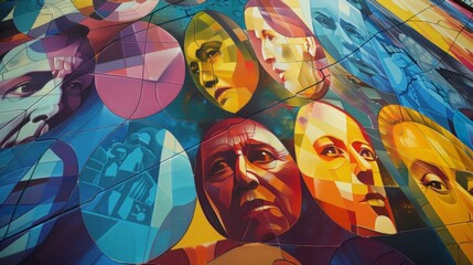 A detailed shot of a vibrant mural adorning the walls of an outdoor amphitheater. The mural depicts historical figures and scientific concepts serving as a visual aid for