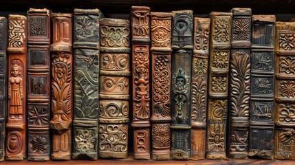 A shelf filled with ancient tomes their leather spines delicately embossed with intricate designs each one a portal to a different era and culture showcasing the vast scope