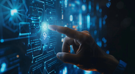 Fototapeta premium Ai, artificial intelligence technology. Finger touch on HUD interface hologram. Concept of futuristic innovation machine learning, information network, online system, automation, cyberspace in blue.