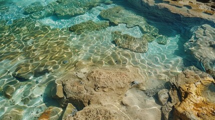 Sunbleached crystallized patterns on the surface of the pools created by the gradual evaporation of the seawater.