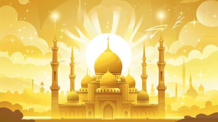 Golden mosque illustration: vibrant background for eid mubarak celebration - obrazy, fototapety, plakaty