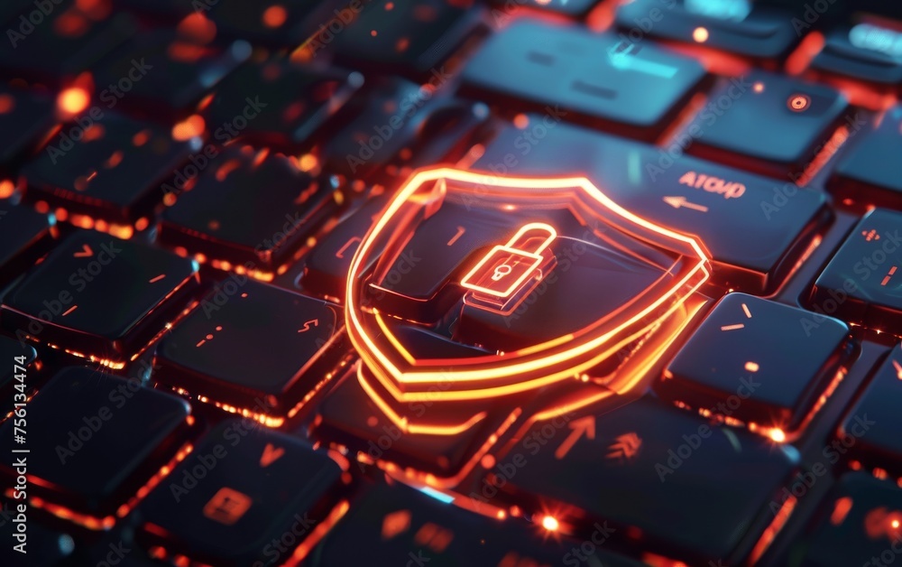 Poster cyber shield on digital keyboard for online security