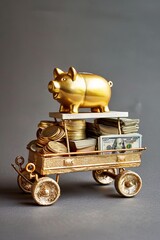 Miniature cart hauling a gold piggy bank and currency affluence imagery