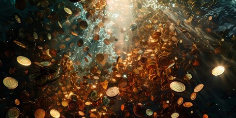 Mystical sea of coins amidst glints of light fantasy fortune