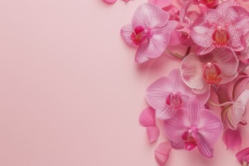 Artistic composition of exotic orchids against a minimalist background.