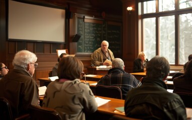 Professionals gather in a lecture their attention drawn to an experts presentation