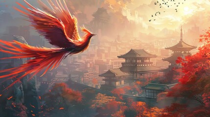 Scarlet phoenix in flight against a dusky Japanese cityscape symbolizing rebirth for a cultural event poster - obrazy, fototapety, plakaty