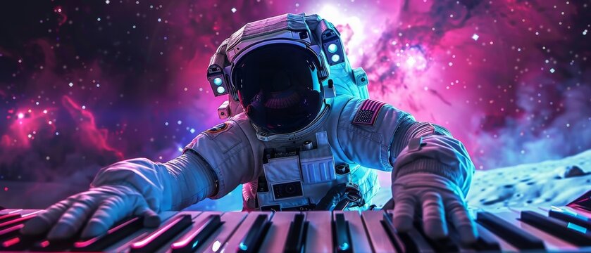 Piano keys under astronauts fingers on the moon