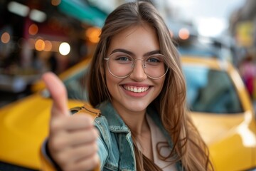 Portrait of a smiling young woman giving a thumbs up, glasses and denim jacket on, with a city vibe...