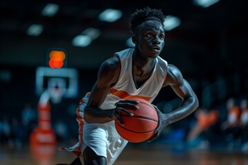 Determined young basketball player dribbling in a dynamic stance on the court, showcasing athletic skill and concentration in a competitive sports environment