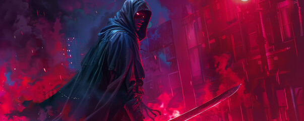 The sharp edge of justice a cloaked avenger with a blade for a gritty urban fantasy book cover