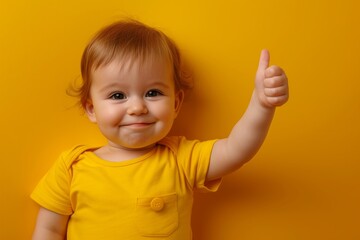 Smiling toddler giving a thumbs up in a bright yellow shirt, capturing the wholesome innocence and approval of early childhood