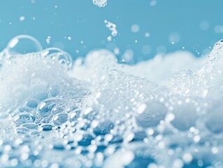 Whimsical dance of detergent bubbles airy foam against a clear blue