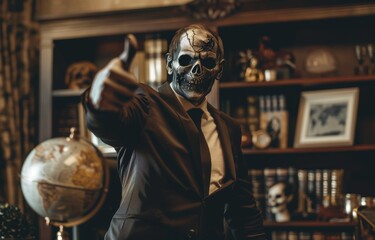 Zombie business leader giving a thumbs up in a luxury office with a globe and awards on the shelf portraying global success - obrazy, fototapety, plakaty