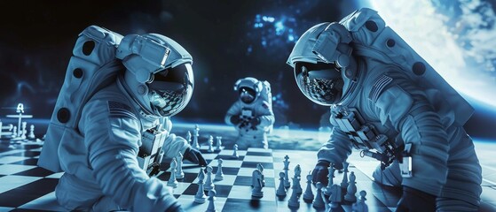 Zero-gravity chess challenge astronauts pitted in a battle of wits a scene from an epic space odyssey - obrazy, fototapety, plakaty