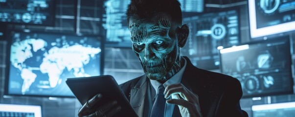 Zombie in business attire brainstorming with digital tablet surrounded by high-tech gadgets and digital data screens futuristic setting - obrazy, fototapety, plakaty