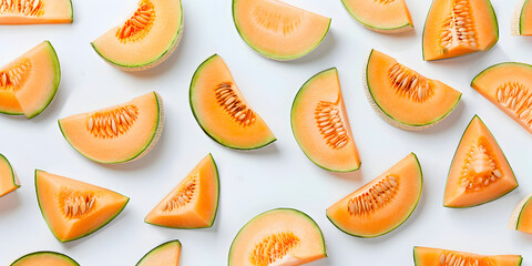 Fruit pattern of melon slices isolated on white background. Top view. Flat lay. - obrazy, fototapety, plakaty