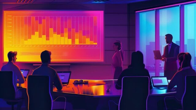 A professional meeting room with a whiteboard and charts where managers and employees engage in a constructive dialogue to discuss performance and set objectives for the upcoming