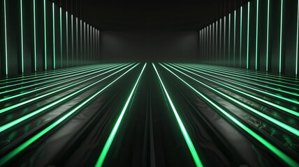 Black background with green neon lines, futuristic style, with soft sunlight render - generative ai