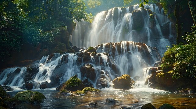 Sun-Drenched Tropical Rainforest Waterfall, A Glimpse of Magical Realism in a High Resolution Landscape