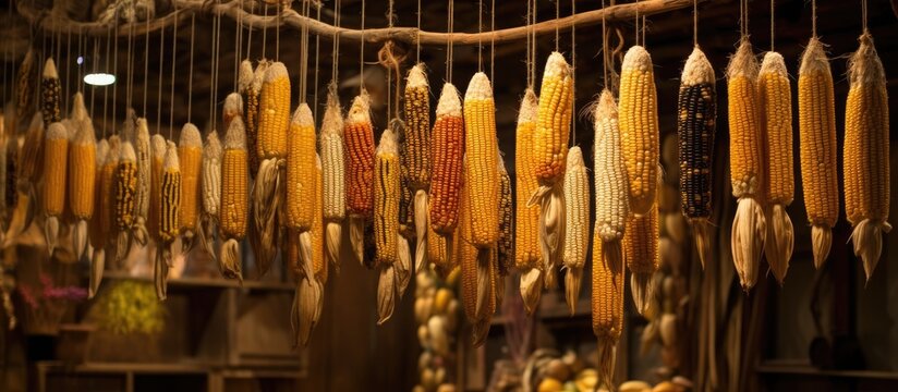 A unique food display featuring a bunch of corn on the cob hanging from a rope, perfect for a farmtotable event or showcasing natural foods