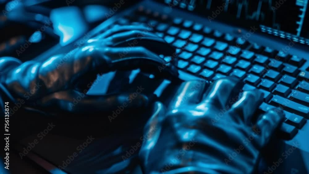 Poster a pair of gloved hands type quickly and silently on a black keyboard highlighting the importance of 