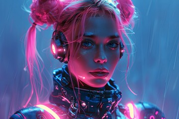 A futuristic woman with neon pink hair buns, wearing cyberpunk armor and glowing headphones