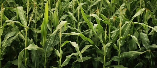 Fototapeta premium A closeup of a field of corn plants basking in the sunlight, showcasing the beauty of terrestrial plants in agriculture